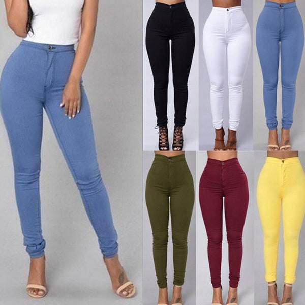 Pantalon Décontracté Femme Taille Haute Extensible Slim Skinny Couleur Bonbon Jean