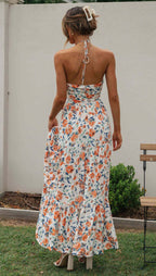 Robe longue sans manches en mousseline de soie à col en V et patchwork