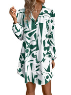 Women's Lapel Lantern Sleeve Print Dress