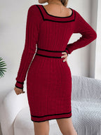 Robe Pull Élégante Col Carré Boutonnée Manches Longues