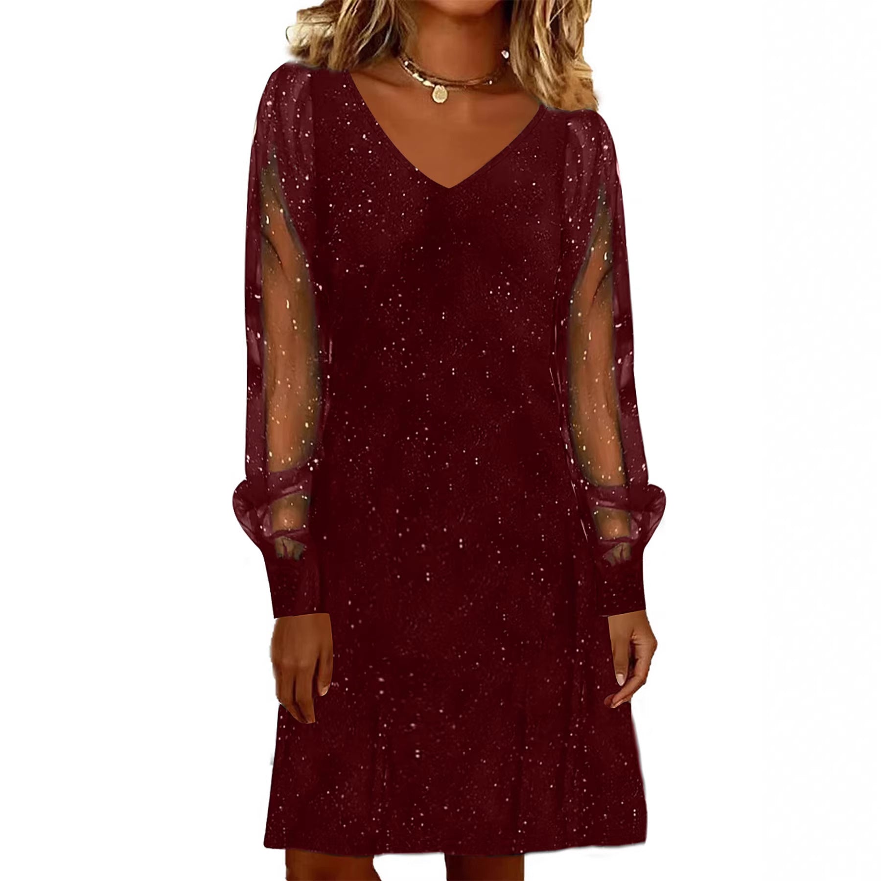 Robe élégante pour femme Col en V Manches en maille brillantes et lumineuses Mini-robes pour femmes Robe de soirée noire d'automne et d'hiver