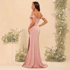 Robe de bal corset en satin épaules dénudées pour demoiselle d'honneur