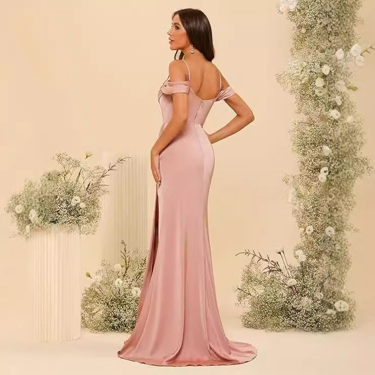 Robe de bal corset en satin épaules dénudées pour demoiselle d'honneur