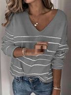 Pull tricoté à rayures col en V pour femme
