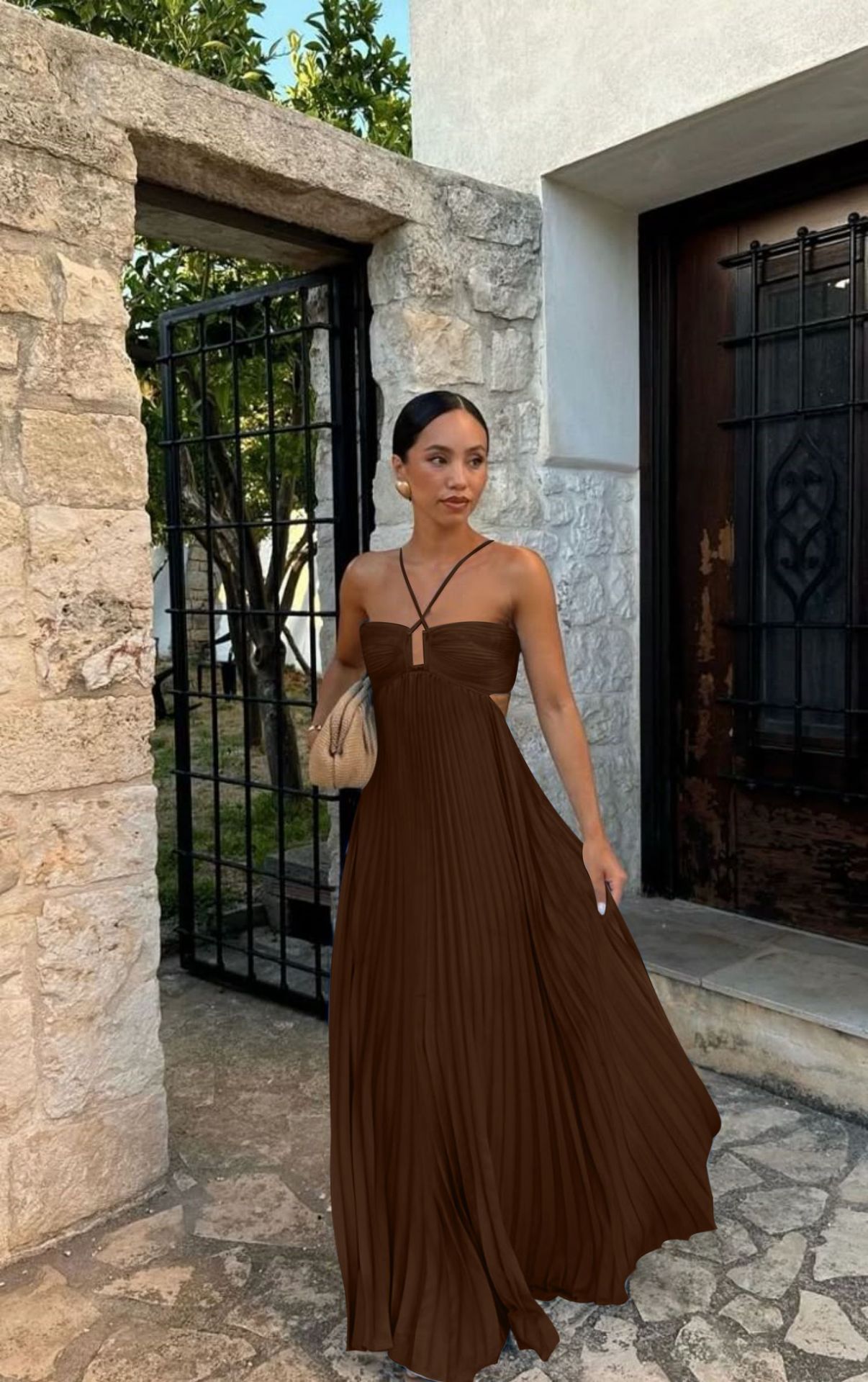 Robe longue plissée sans manches à bretelles, taille haute évidée, dos nu pour soirée, club, vêtement femme