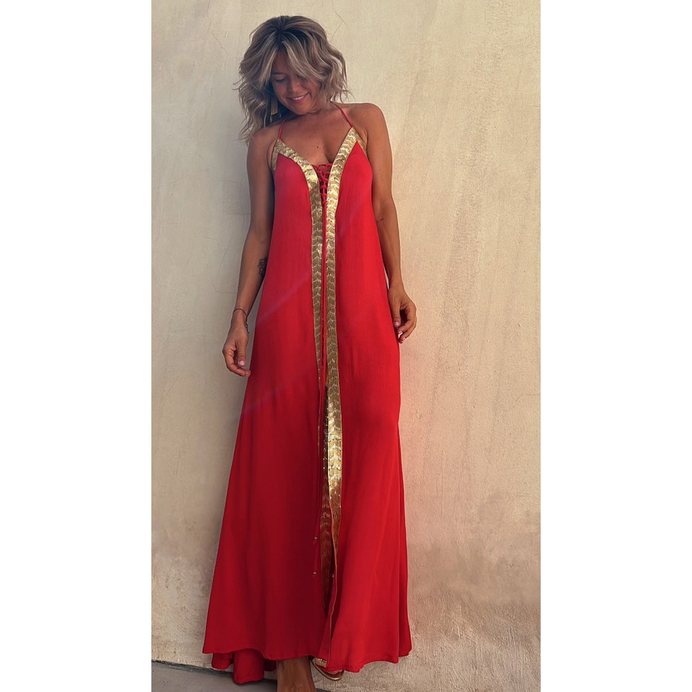 Robe d'été décontractée ample à grand volant avec liens et dos nu, style européen et américain