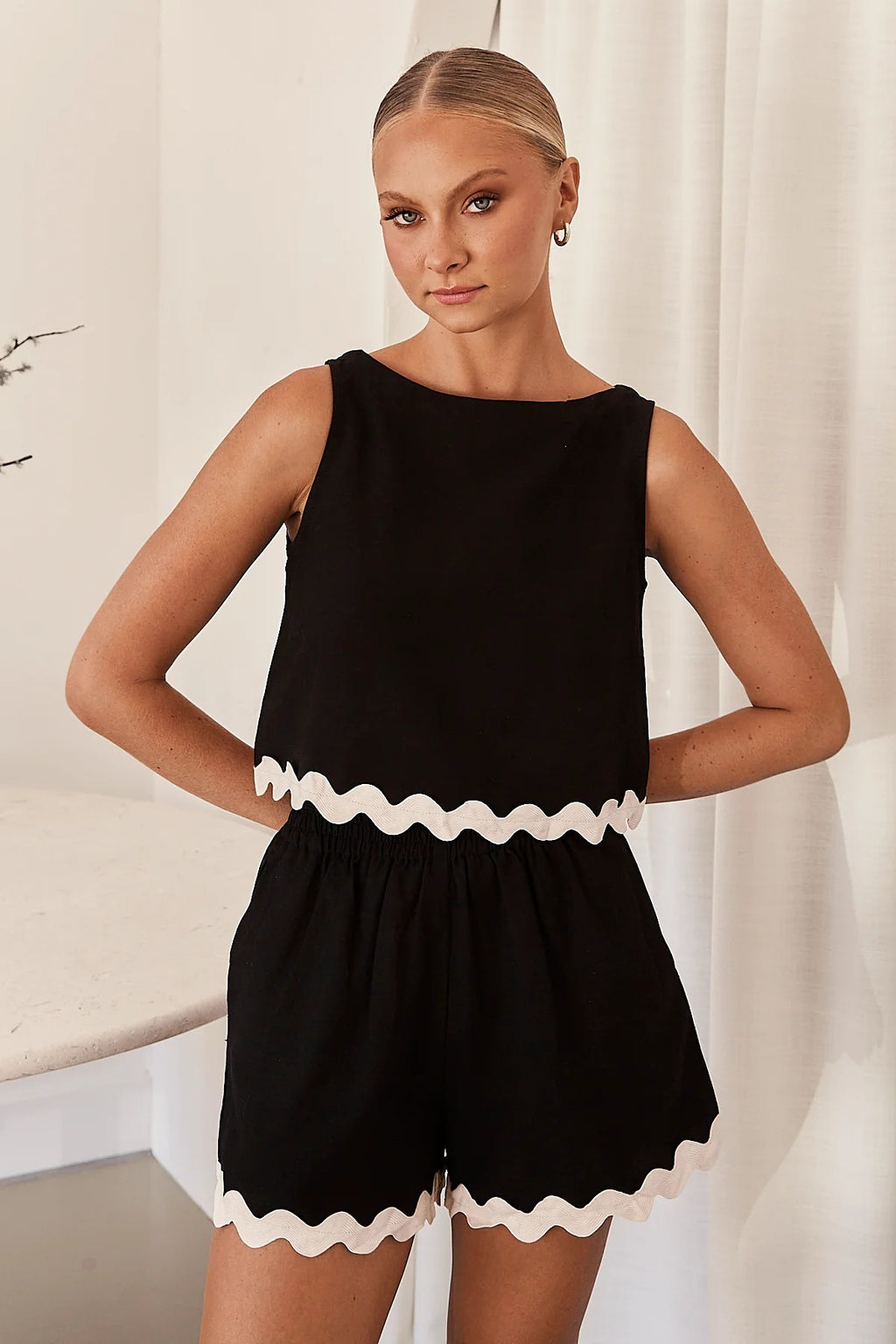 Ensemble Imprimé New Wave Débardeur Sans Manches Et Short Confortable Décontracté Couleur Unie 2 Pièces Pour Vêtements Femme