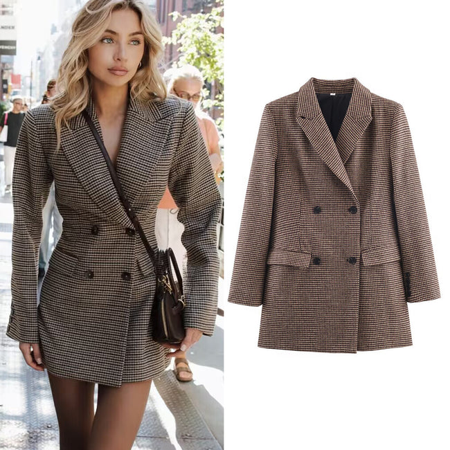 Blazer mi-long croisé pied-de-poule pour femme Hover Image