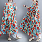 Robe ample en coton et lin imprimée à manches courtes de grande taille pour femmes