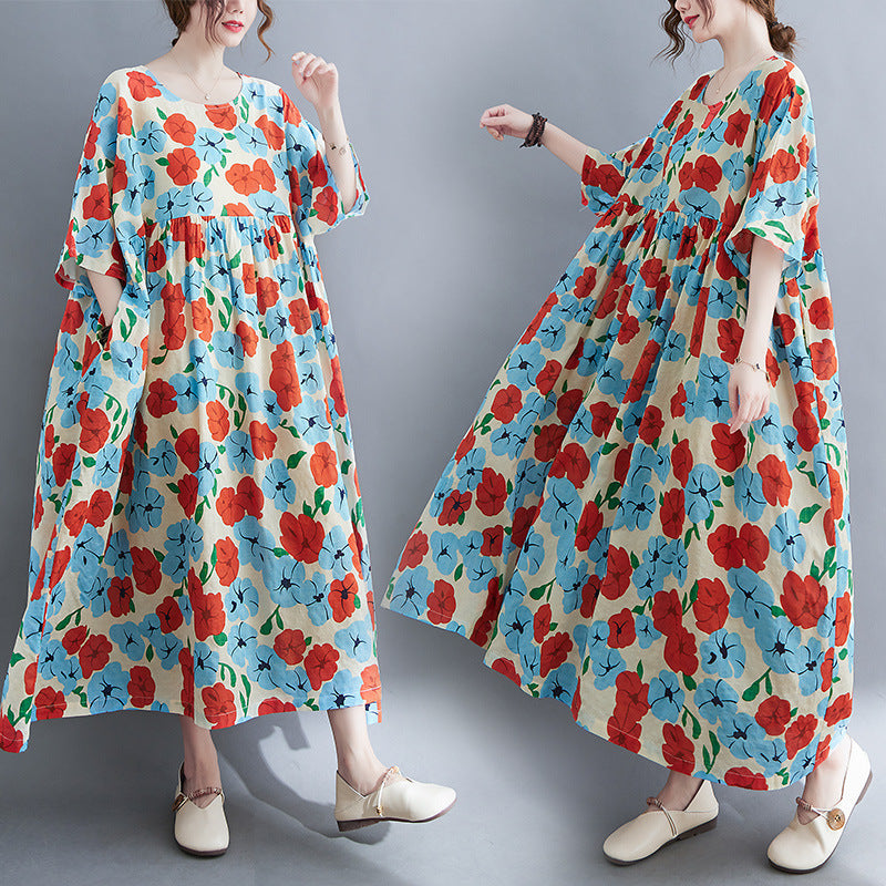 Robe ample en coton et lin imprimée à manches courtes de grande taille pour femmes