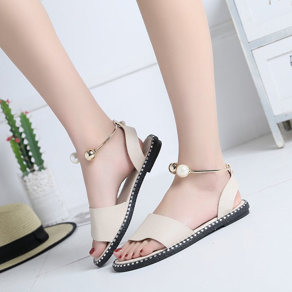 Sandales d'été ouvertes à bout simple style romain pour femmes, chaussures d'étudiantes avec boucle perlée