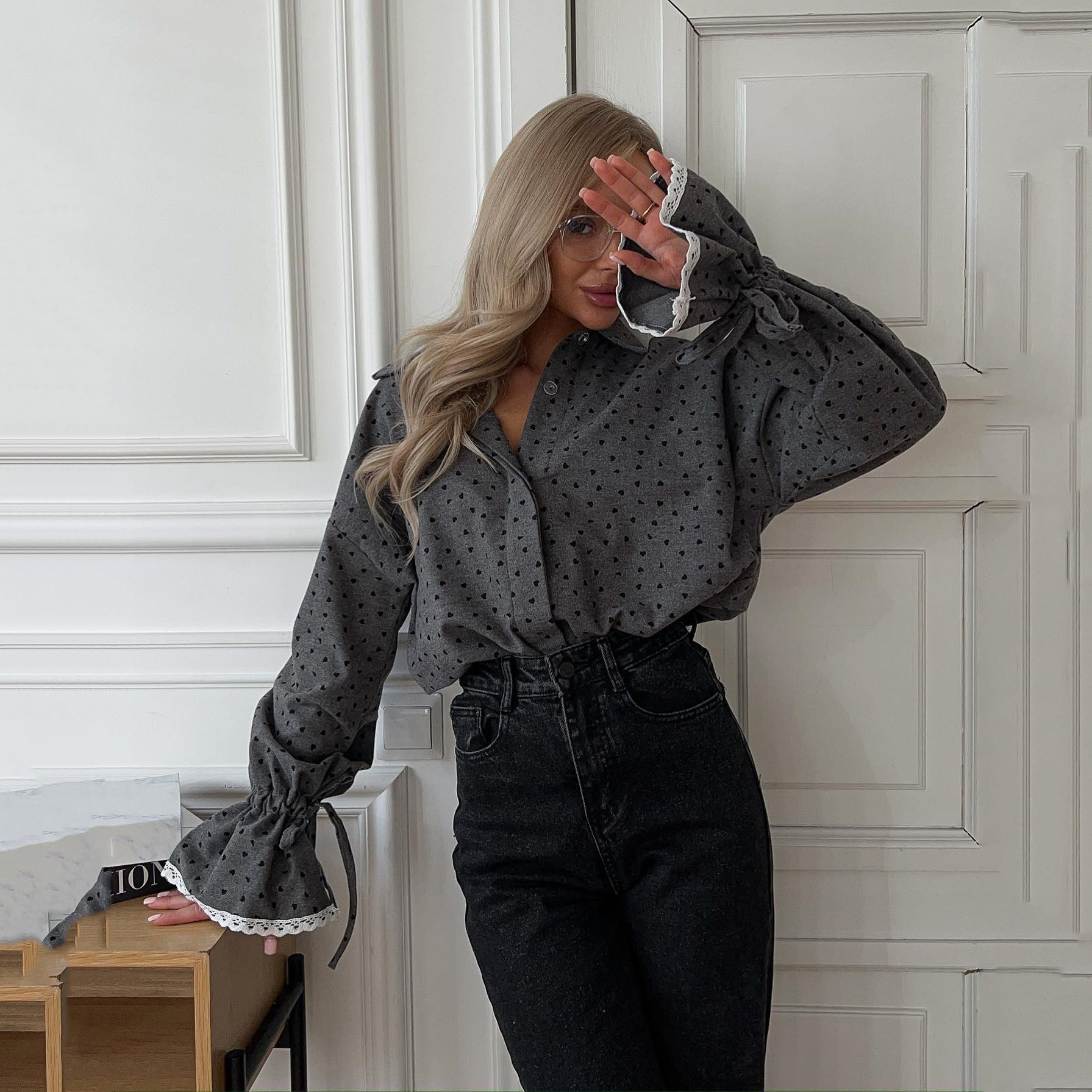 Chemise boutonnée élégante haut de gamme à imprimé cœur pour femme