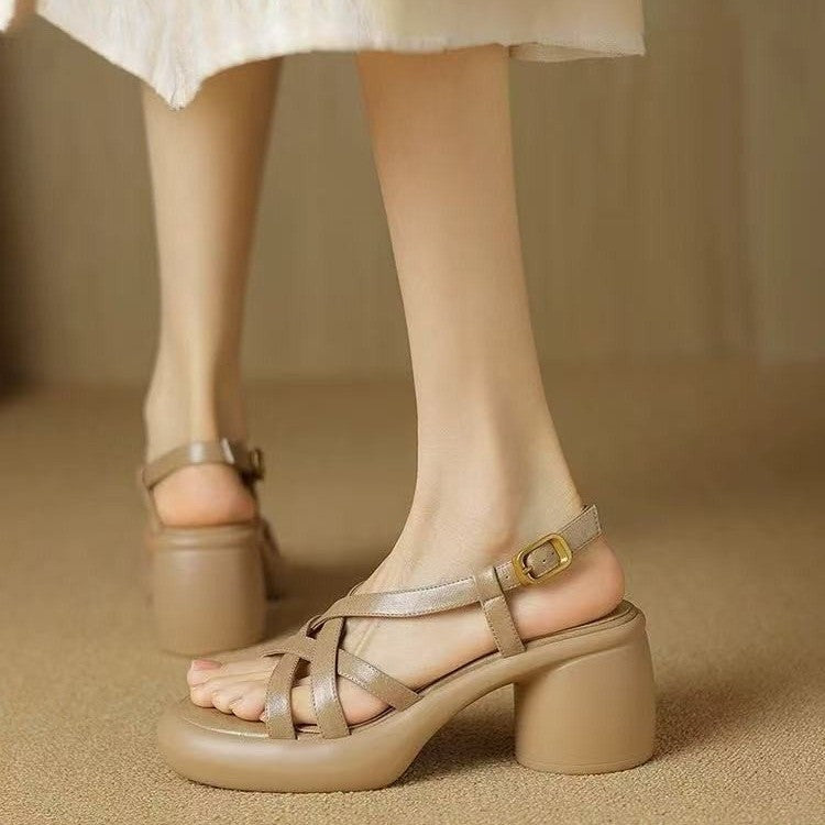 Sandales rétro en cuir souple à talons hauts pour femmes avec plateforme et bout ouvert