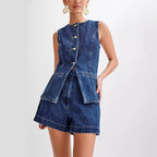 Ensemble short et top gilet boutonnés sans manches en jean pour femme, vêtement décontracté d'été