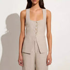 Ensemble deux pièces gilet sans manches et pantalon, col carré, en coton
