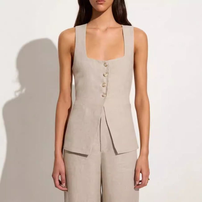 Ensemble deux pièces gilet sans manches et pantalon, col carré, en coton Main Image