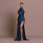 Robe longue satinée asymétrique à une épaule pour femme