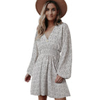 Robe longue à manches longues imprimé pois col en V manches lanternes taille plissée coupe ajustée évasée Vêtements pour femmes