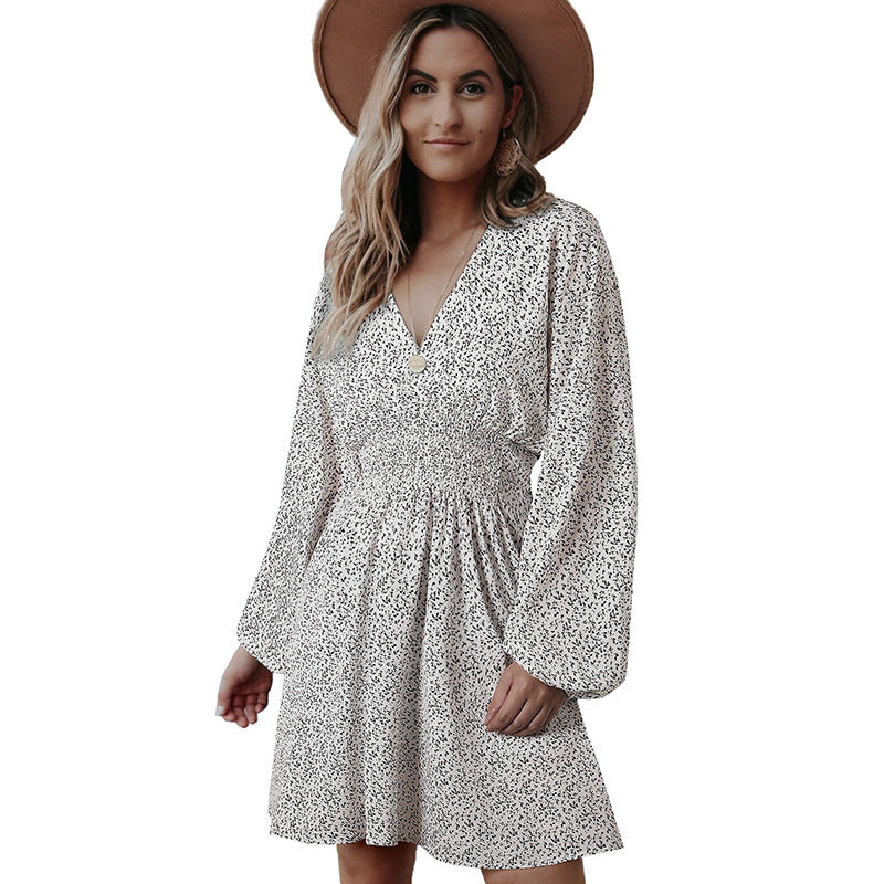 Robe longue à manches longues imprimé pois col en V manches lanternes taille plissée coupe ajustée évasée Vêtements pour femmes