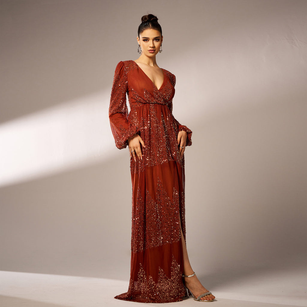 Robe de soirée longue à sequins, col en V et manches longues, sexy