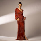 Robe de soirée longue à sequins, col en V et manches longues, sexy