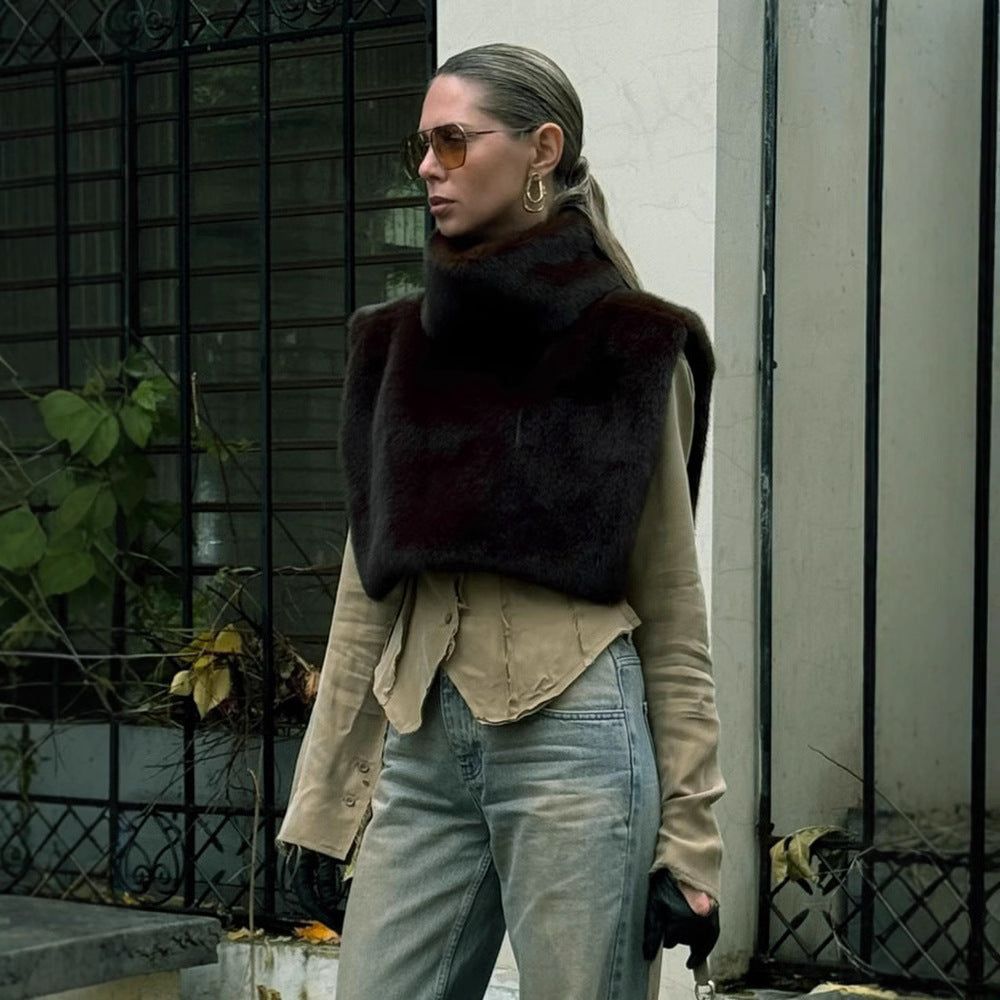 Nouveau gilet en fourrure sans manches à demi-col roulé de couleur unie pour femmes