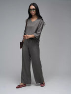 Womens Casual Two-Piece Set Fashionable Solid-Color Loose Cropped-Sleeve Wide-Leg Pants Suit