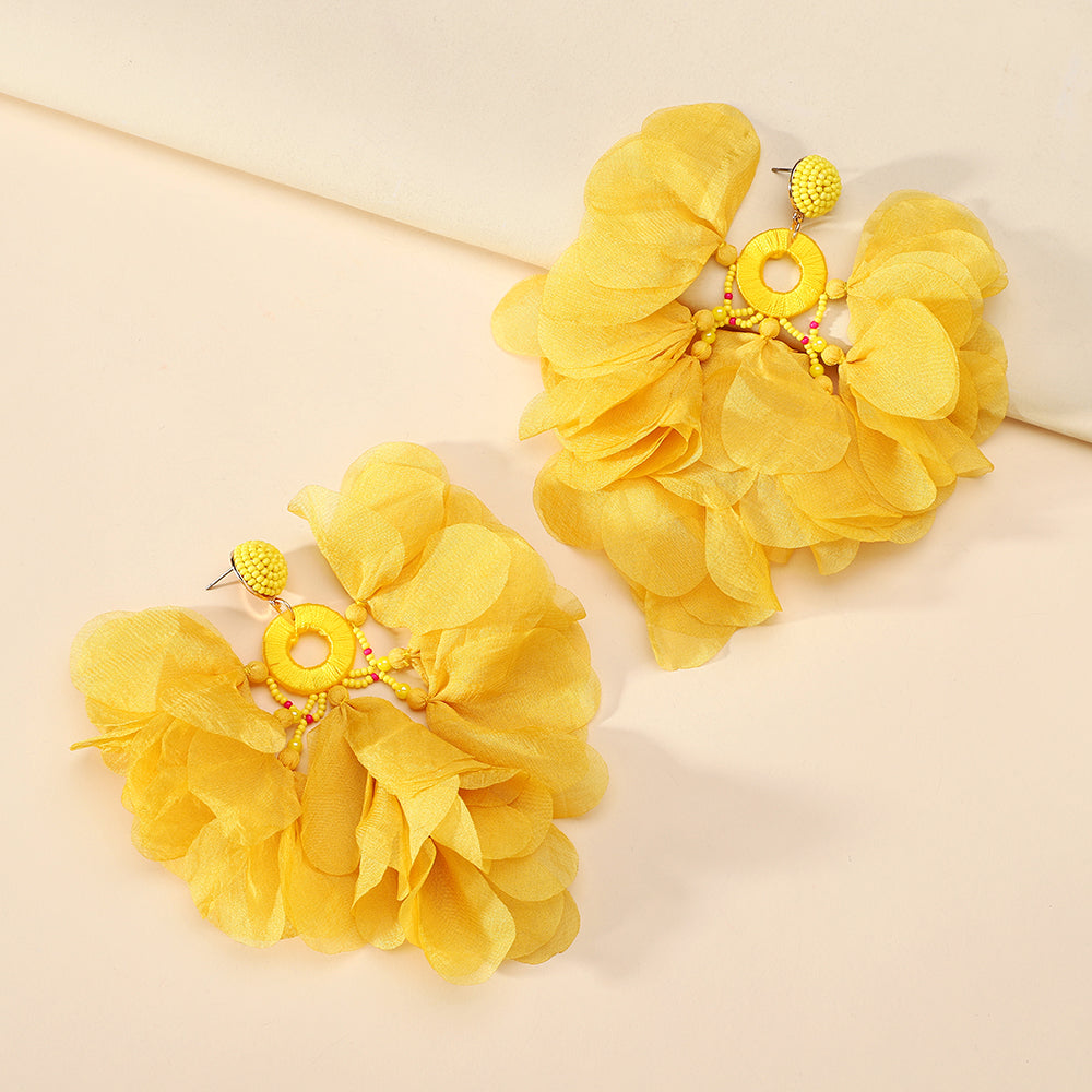 Boucles d'oreilles pendantes bohèmes faites à la main avec perles et fleurs en mousseline pour femmes, bijoux fantaisie pour vacances tropicales