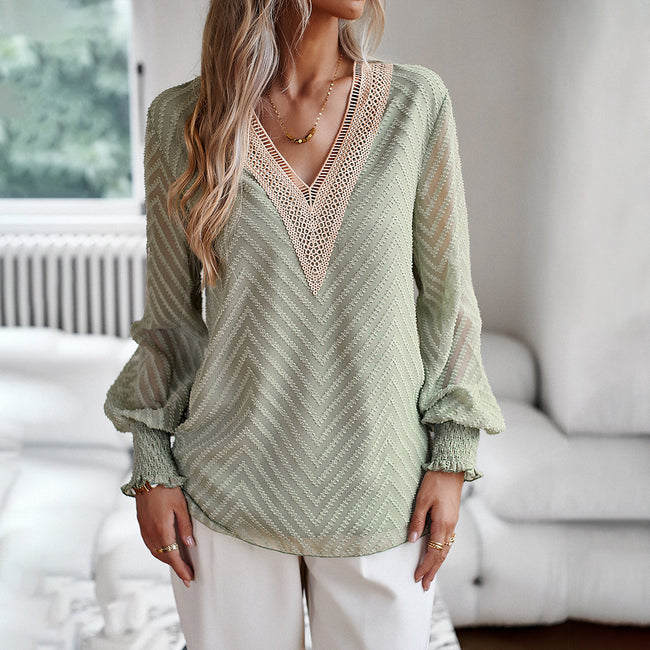Chemise femme européenne et américaine à col en V et manches longues Hover Image