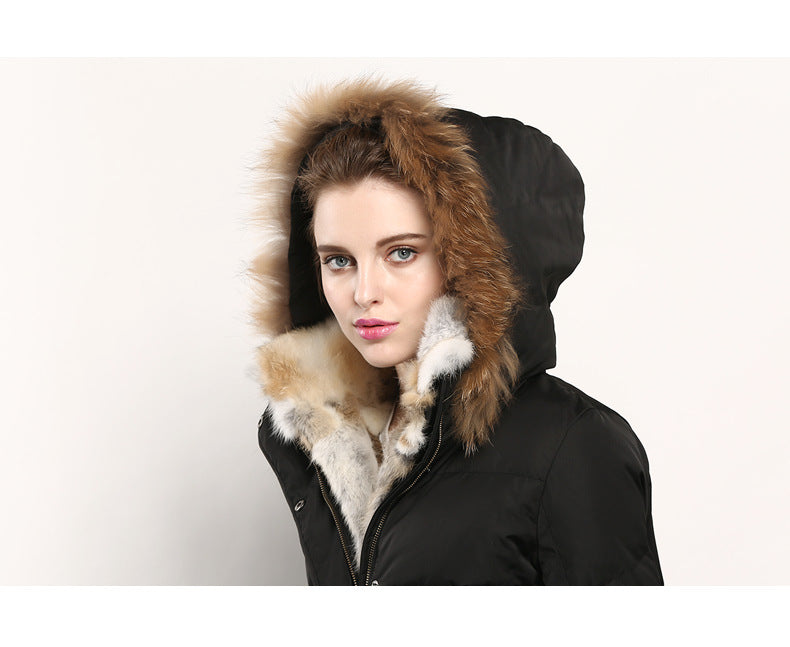 Manteau d'extérieur haut de gamme en duvet et fourrure de lapin, mi-long, matelassé, pour femme