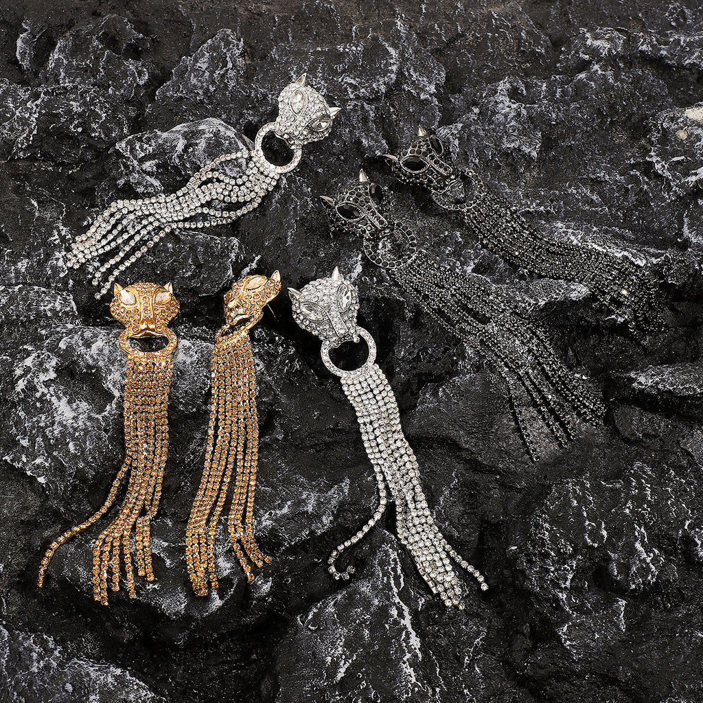 Boucles d'oreilles pendantes léopard personnalisées avec strass et pompons, bijoux tendance de luxe pour femmes
