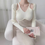Robe longue tricotée à manches longues et dos nu, style français, pour femme