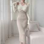 Robe longue tricotée à manches longues et dos nu, style français, pour femme