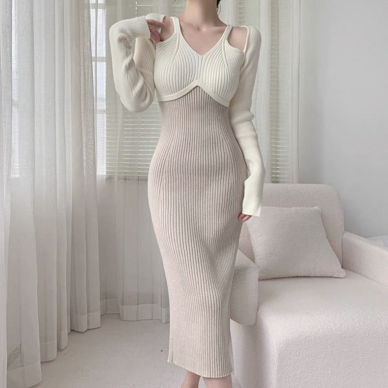 Robe longue tricotée à manches longues et dos nu, style français, pour femme