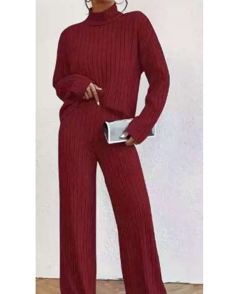 Ensemble deux pièces de pull et pantalon ample en tricot à col roulé à manches longues pour femme, collection automne-hiver