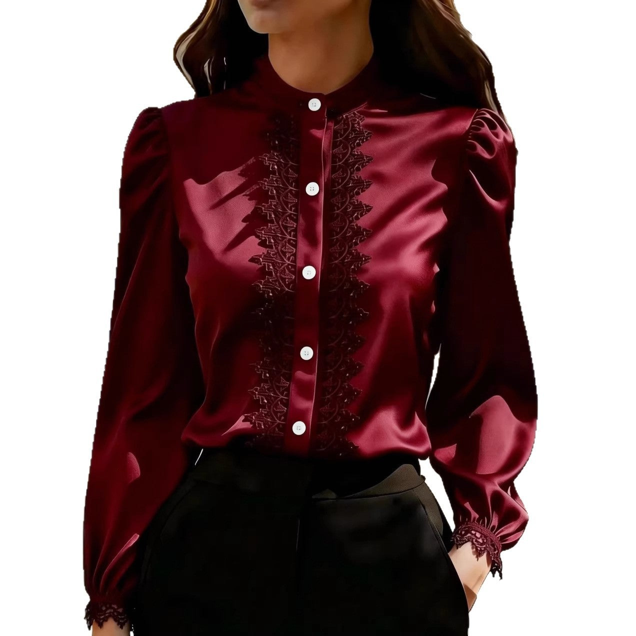 Haut chemise en satin avec patchwork de dentelle et col montant pour femme