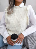 Gilet pull en maille diamant à volants pour femme