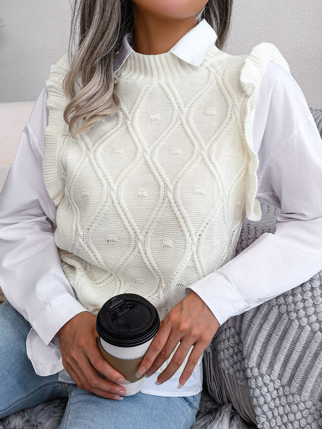 Gilet pull en maille diamant à volants pour femme Main Image