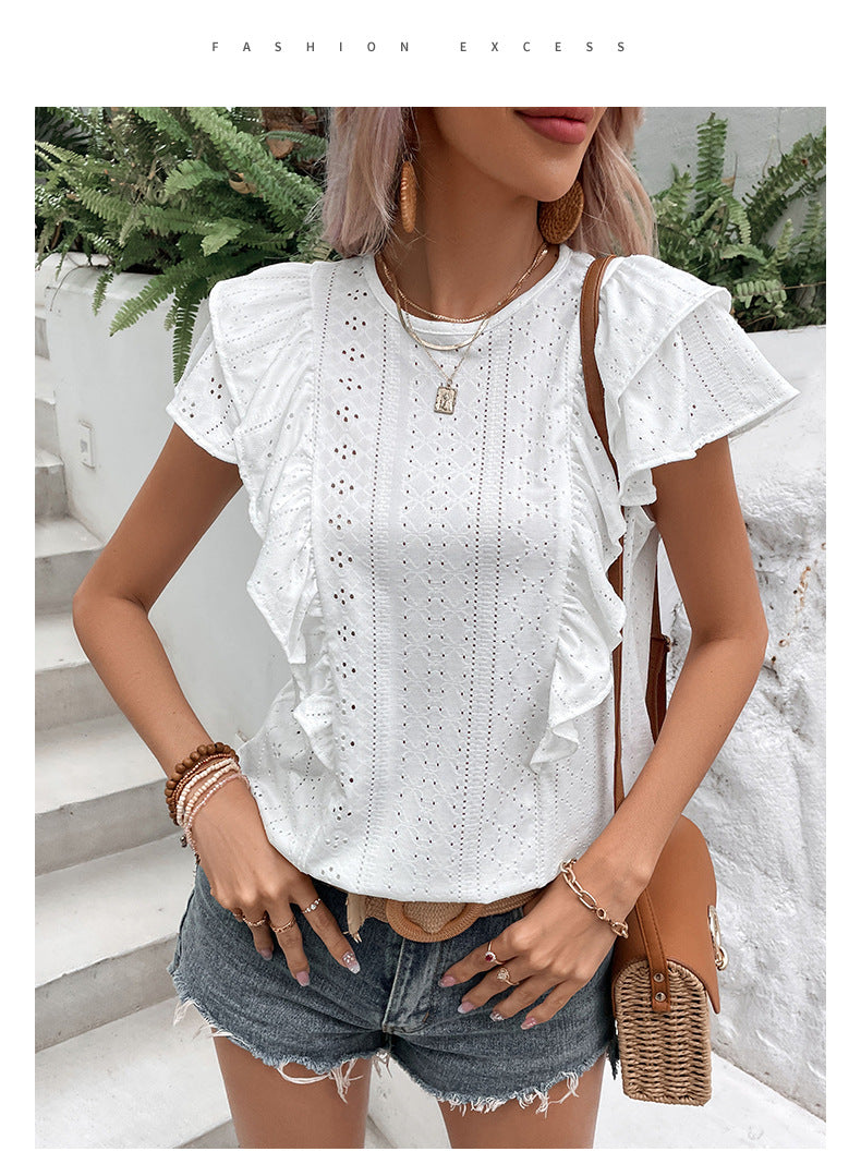 Chemisier décontracté blanc à volants patchwork pour femme