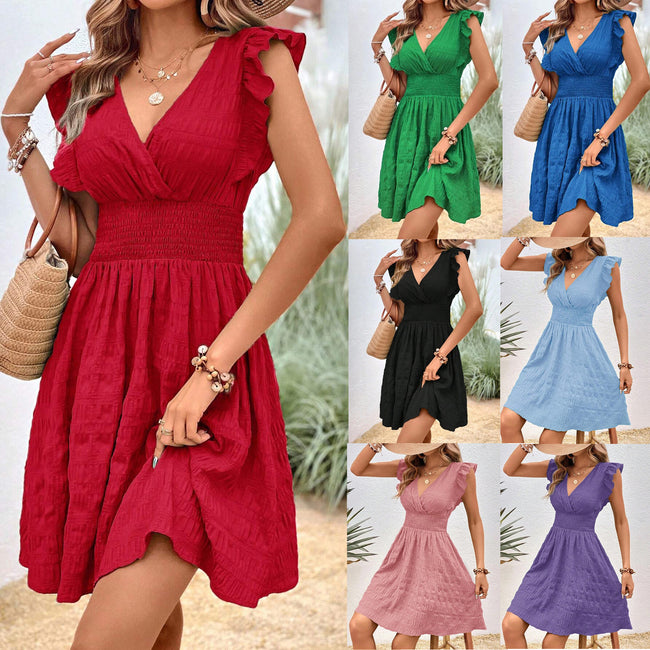 Robe plissée col en V Coupe Cintrée Amincissante Style Européen Et Américain Hover Image