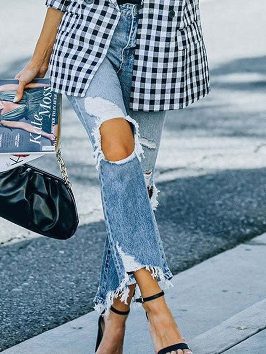 Jeans déchirés d'automne pour femmes, de style européen et américain, pantalon taille haute moulant avec genoux apparents pour femmes
