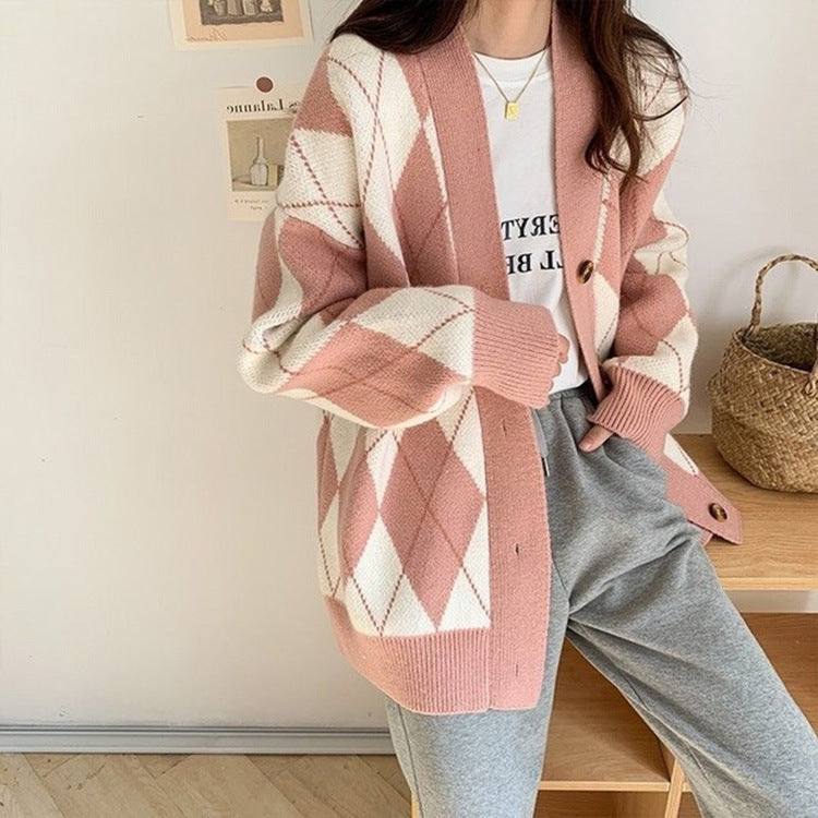 Cardigan en tricot de couleur contrastée avec motif losanges pour femme