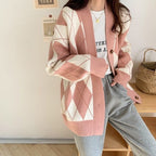 Cardigan en tricot de couleur contrastée avec motif losanges pour femme