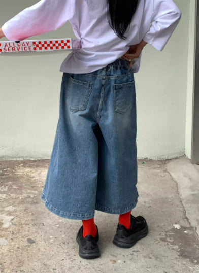 Elastic-waist Distressed Wide-leg Capri Jeans For Women