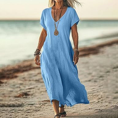 Robe ample unie en coton et lin à col en V Hover Image