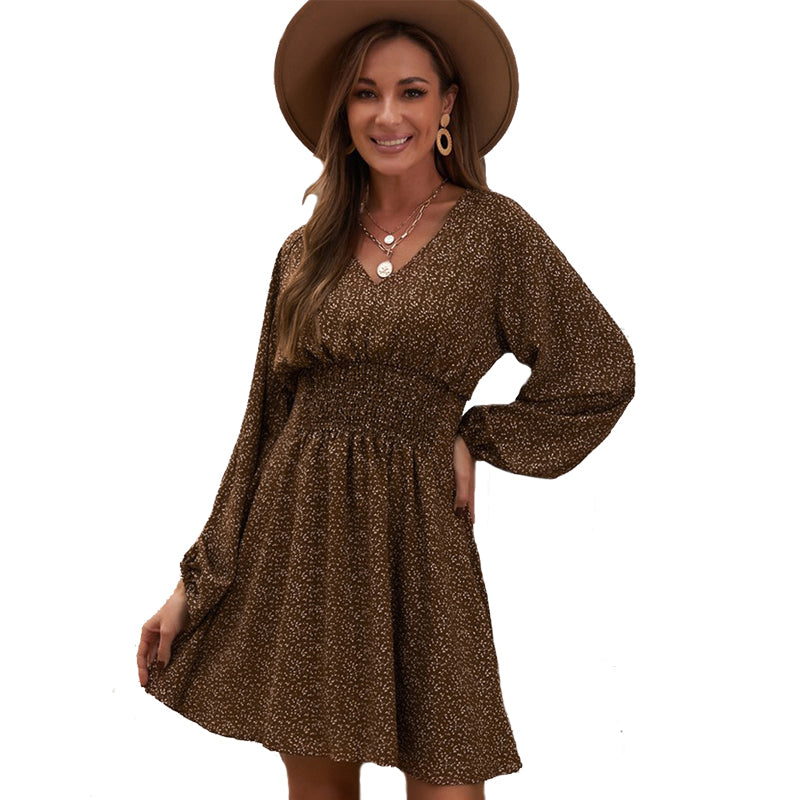 Robe longue à manches longues imprimé pois col en V manches lanternes taille plissée coupe ajustée évasée Vêtements pour femmes