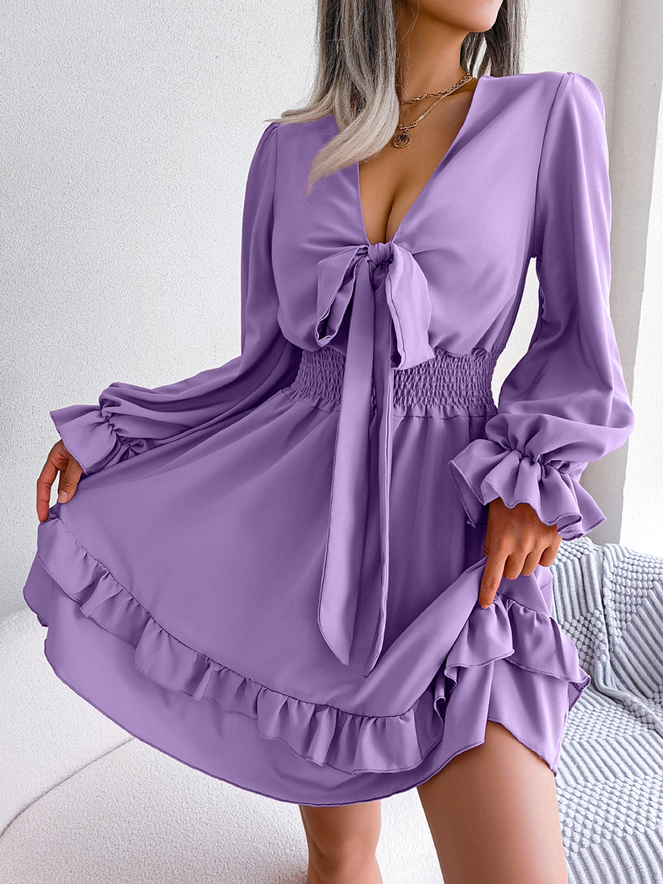 Robe fluide décontractée à volants avec ceinture à nouer pour femme