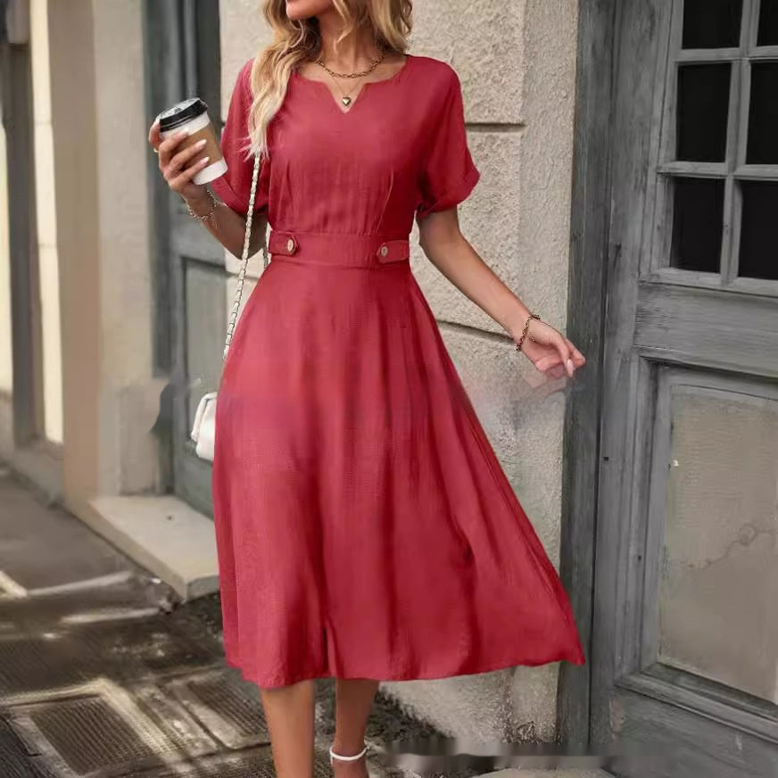 Robe à manches courtes et taille élastique pour femmes