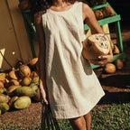 Robe courte sans manches en coton et lin pour femme, dos nu, couleur unie