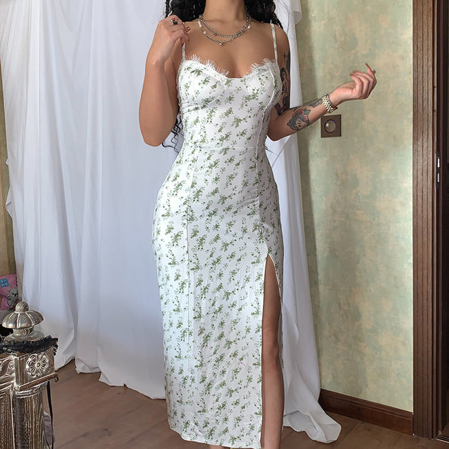Robe Longue Imprimé Dentelle Fleurs Sexy Mode Fendue Bretelles Robe Été Vêtements Femme Main Image